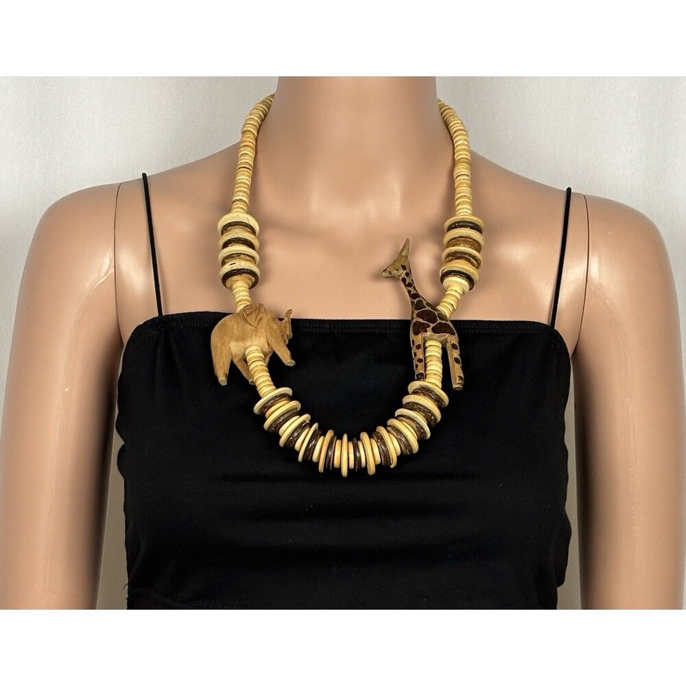 Hand-Carved Wood Elephant & Giraffe Bead Necklace — Tribal Safari Style